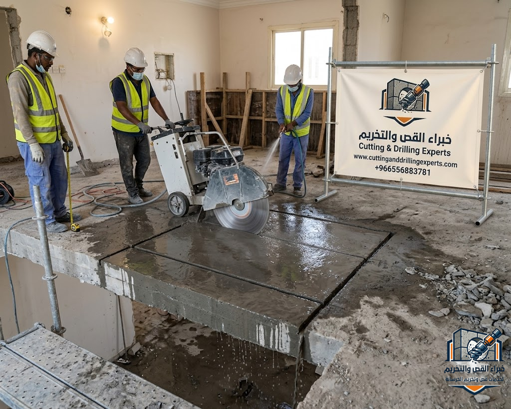 قص خرسانة حي السلم جدة باستخدام الكور الماسي لقص الجدران والأسقف الخرسانية بدقة عالية بدون تكسير عشوائي